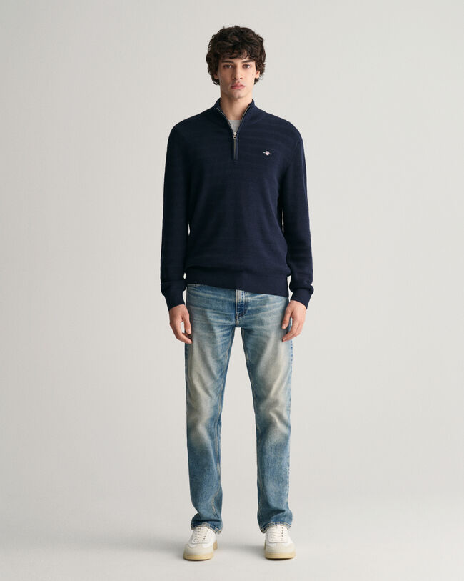 Randig bomullströja med struktur och halv dragkedja