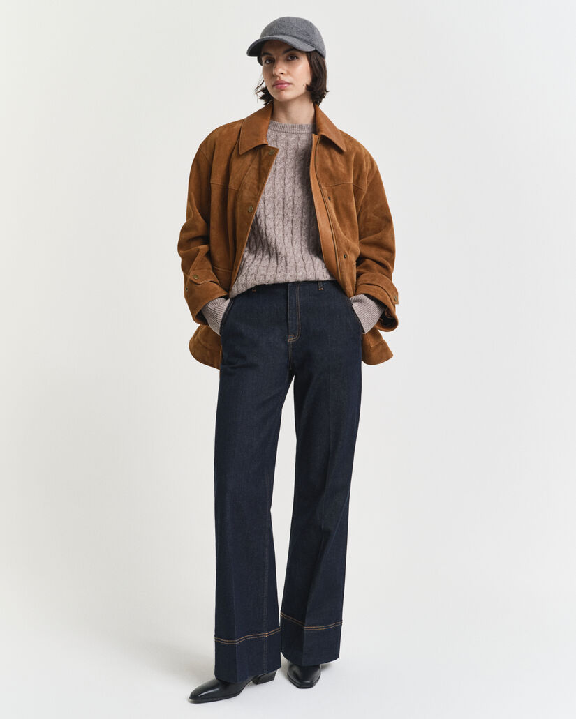 Kabelstickad tröja i ull med rund halsringning