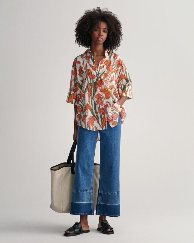 Iris Print kort&auml;rmad skjorta i bomull och silke