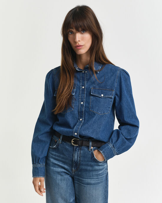 Regular fit denimskjorta med puffärm
