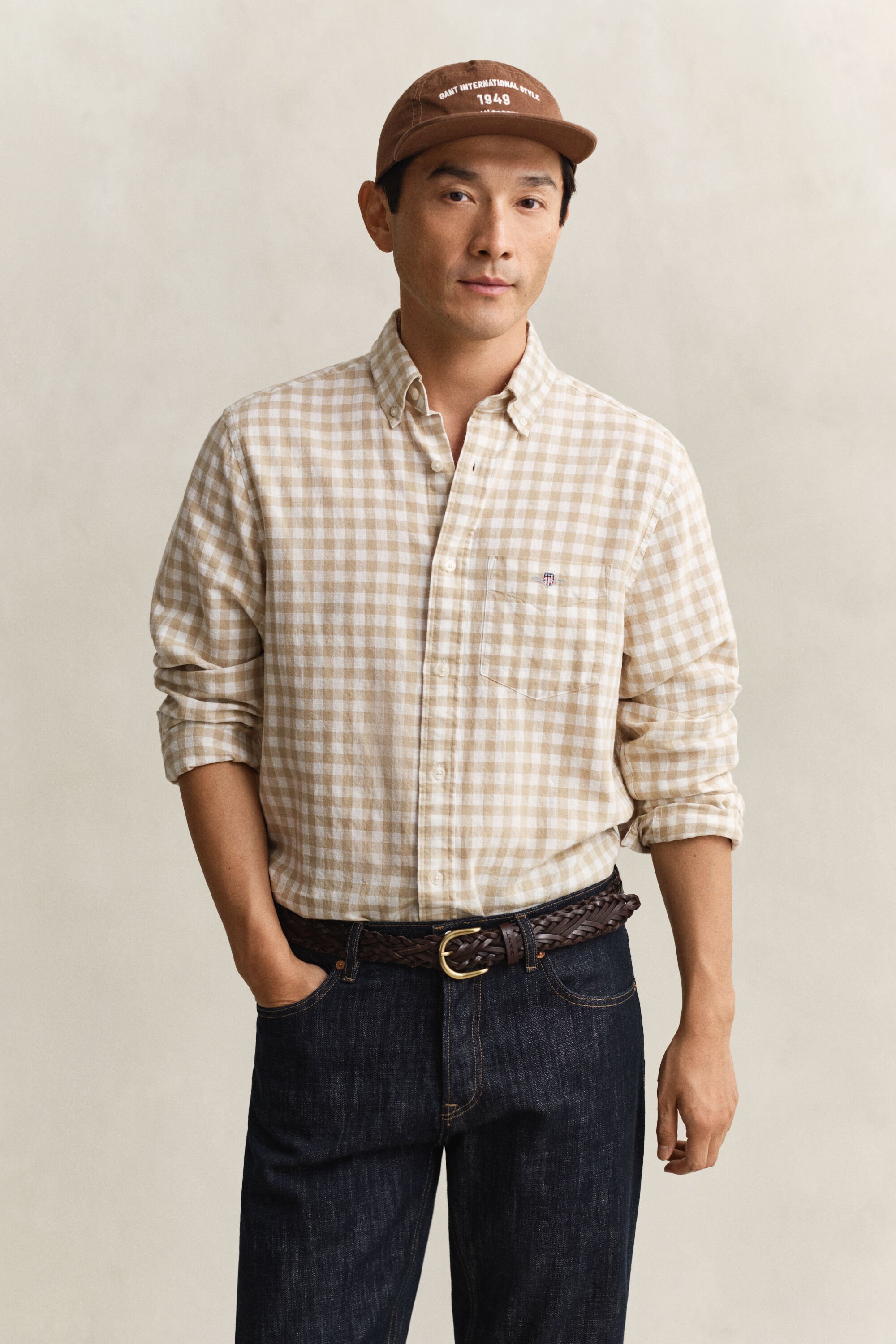 Skjorta i ginghamvävd linneblandning