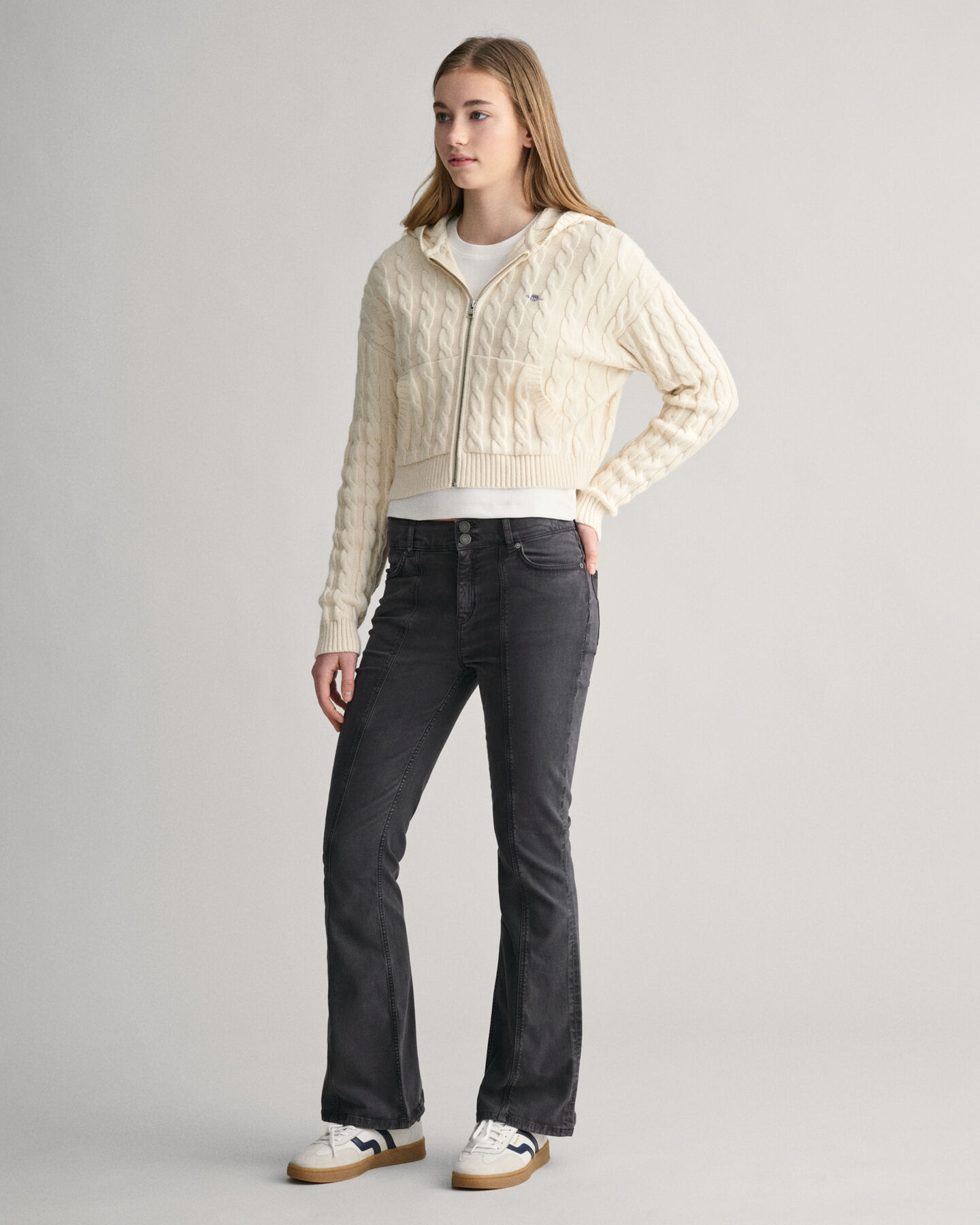 Teen Girls Shield cropped kabelstickad hoodie med dragkedja