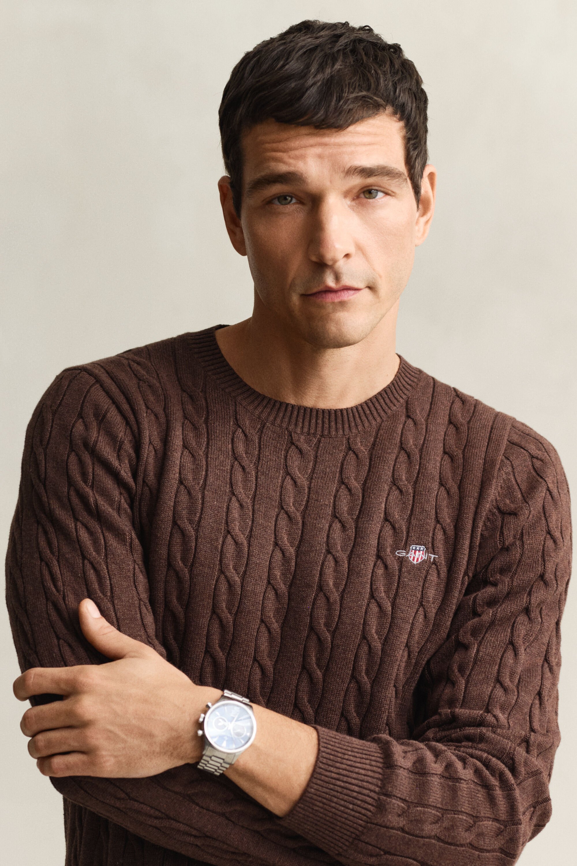 Kabelstickad bomullströja med rund hals