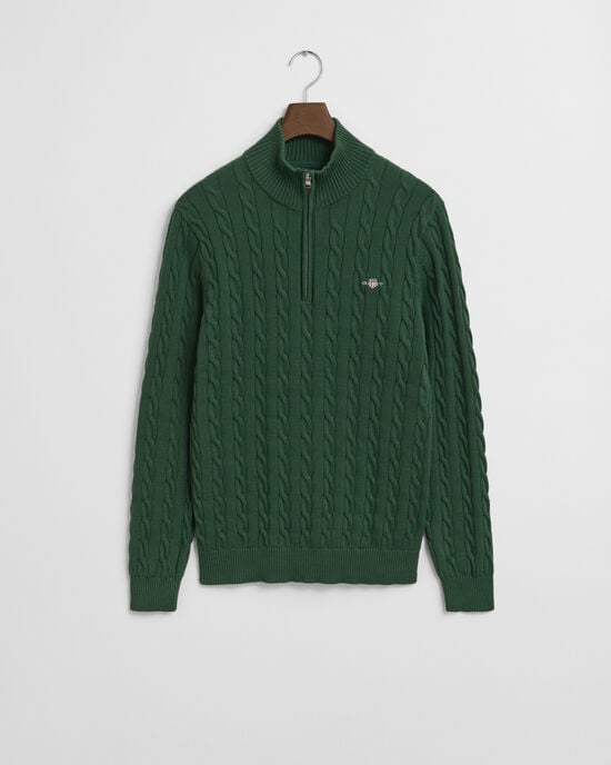 Kabelstickad bomullströja med dragkedja vid halsöppningen