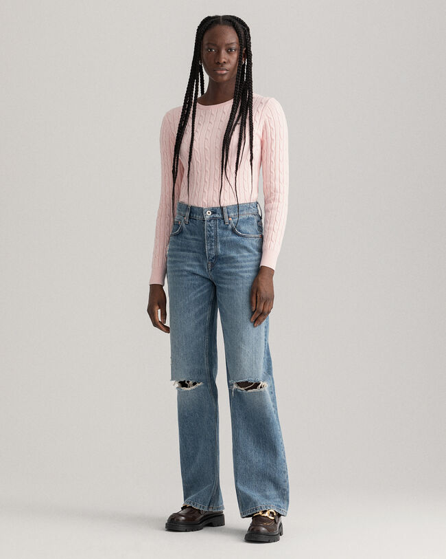 Kabelstickad crew neck bomullstr&ouml;ja med stretch