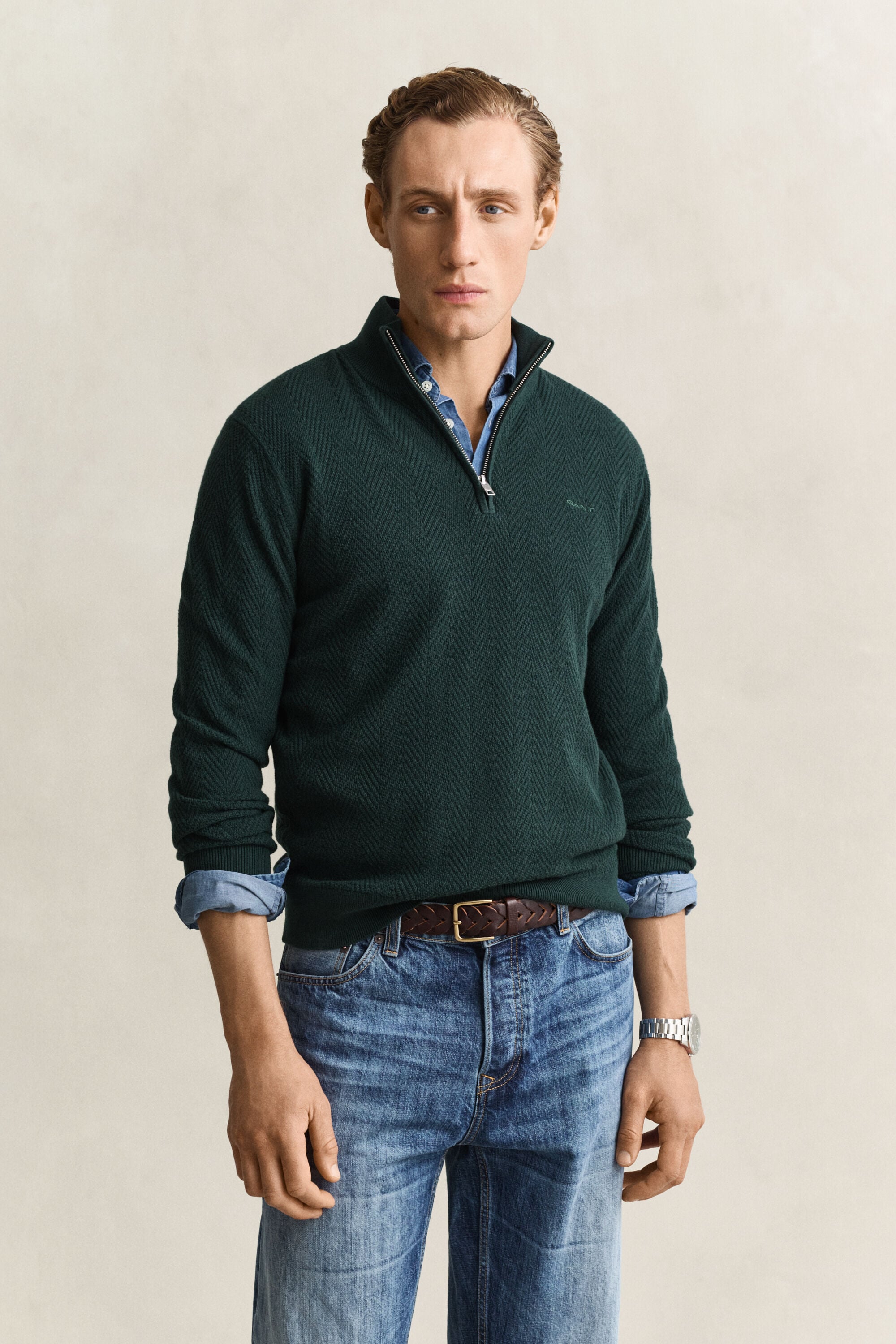 Fiskbensmönstrad half-zip tröja