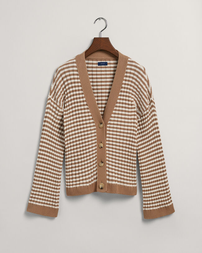 Randig ribbstickad bomullskofta med V-ringning