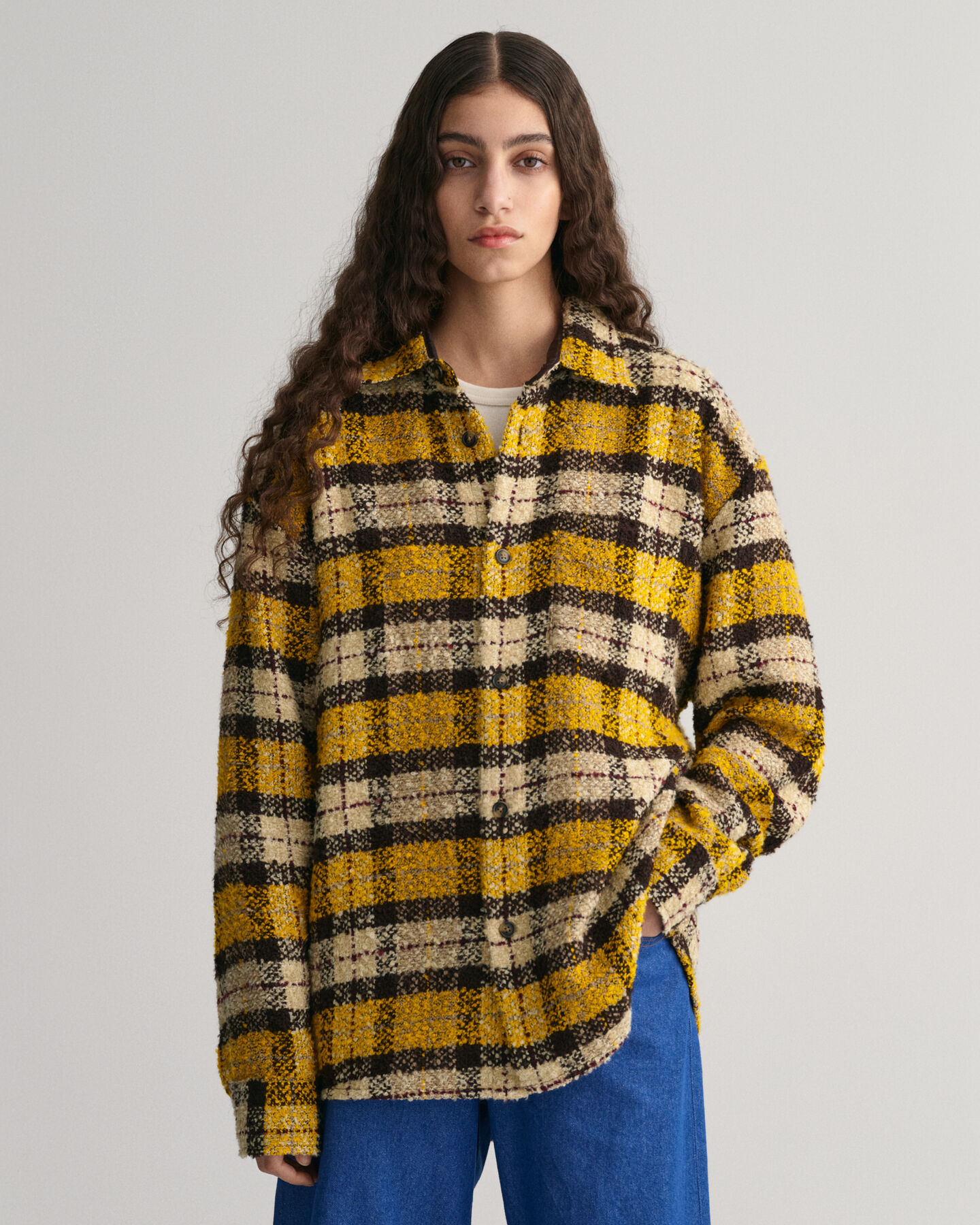 Oversized rutig skjorta i boucl&eacute;