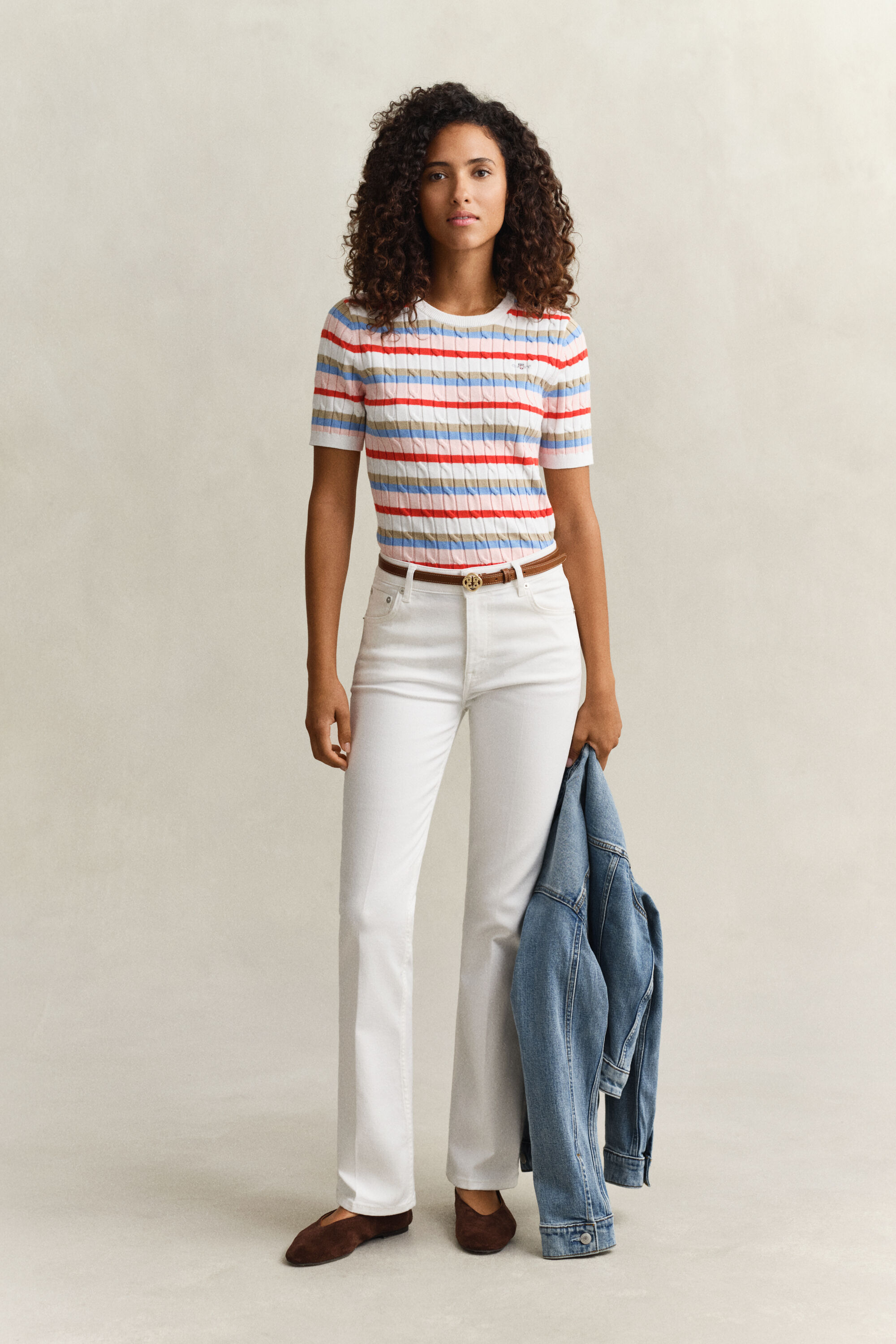 Randig kabelstickad kortärmad tröja