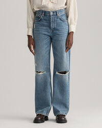 Slitna jeans med h&ouml;g midja och raka, lediga ben