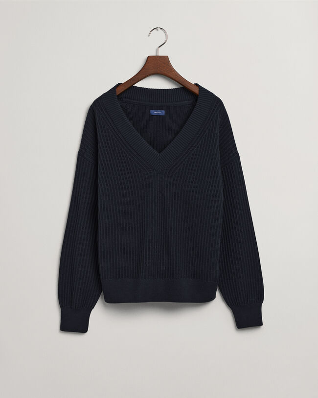 Ribbstickad V-ringad bomullstr&ouml;ja