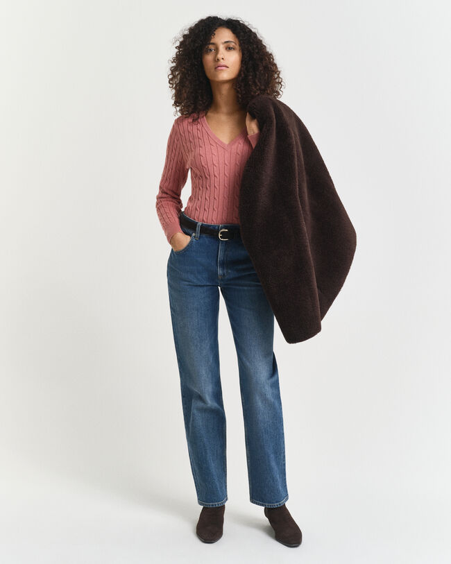 V-ringad kabelstickad tröja i bomullsstretch