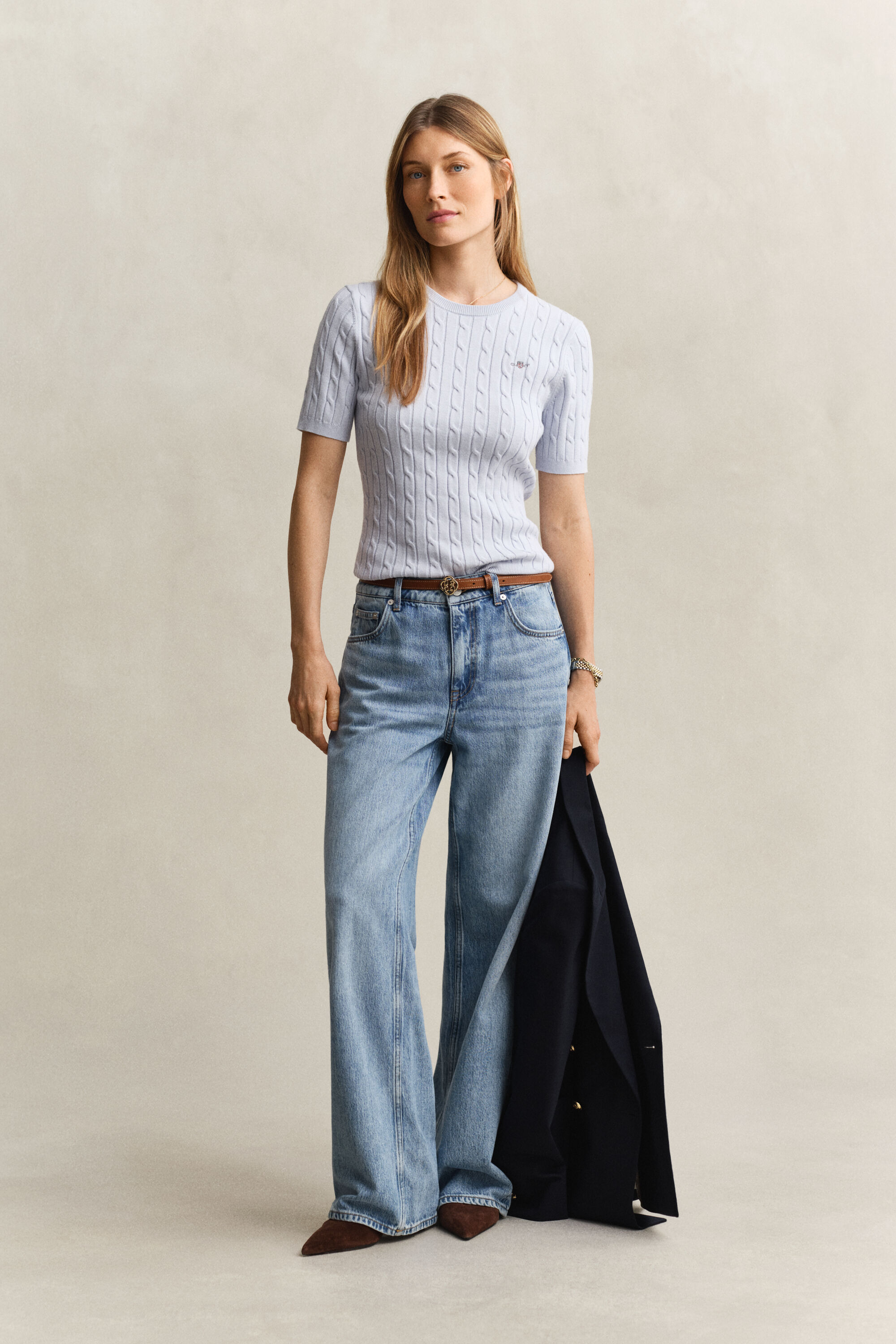 Kabelstickad kortärmad tröja