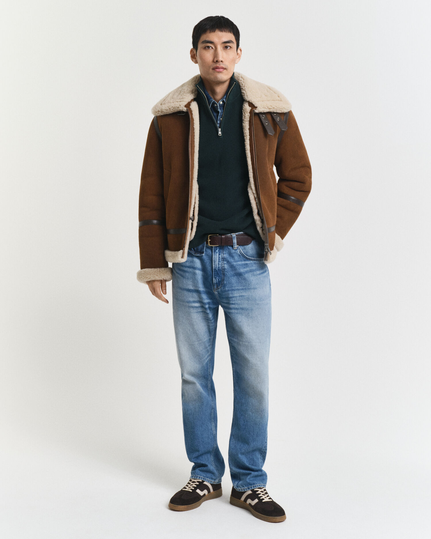 Ribbstickad tröja i bomull och merinoull med half-zip