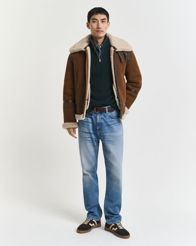 Ribbstickad tröja i bomull och merinoull med half-zip