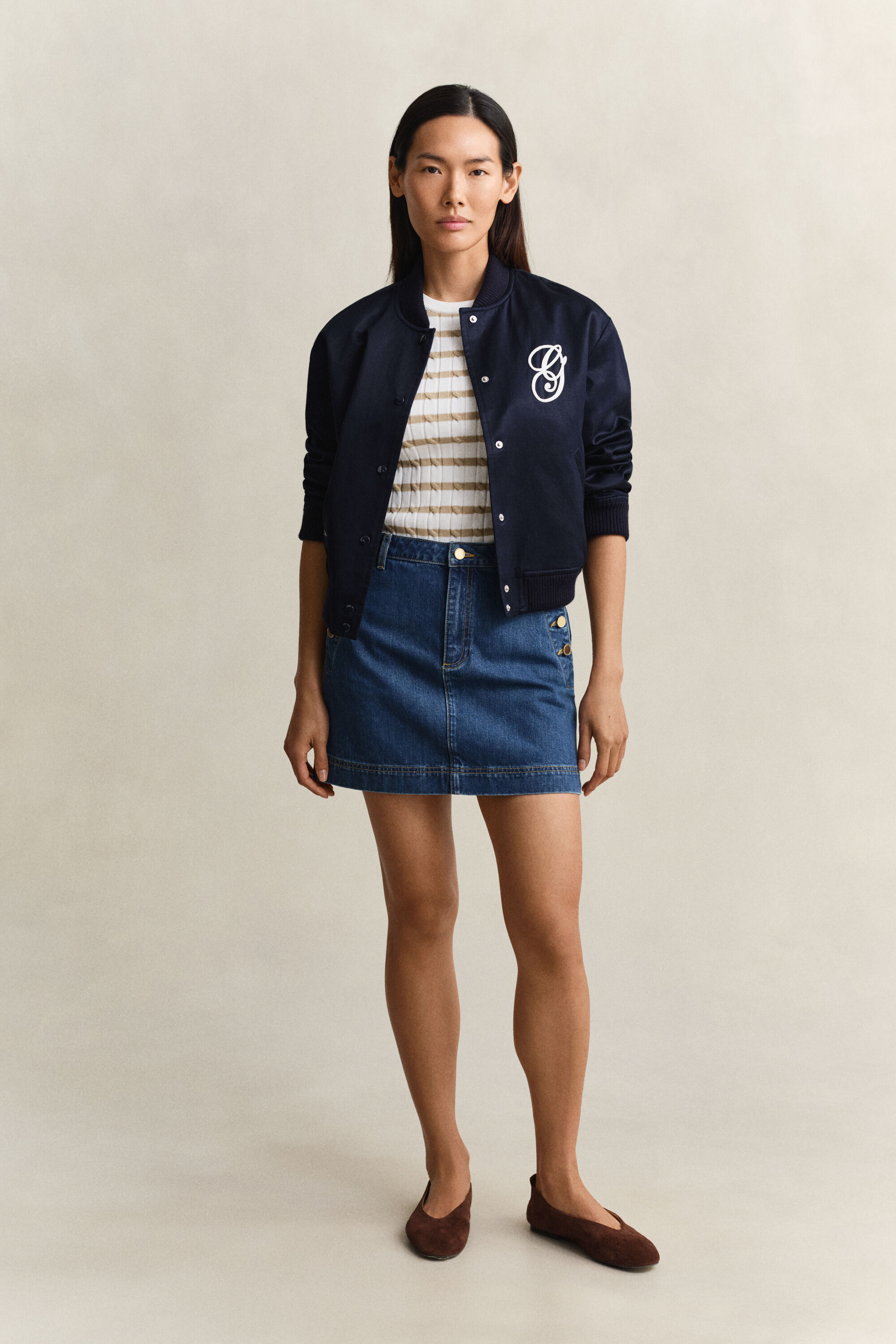 Randig kabelstickad kortärmad tröja