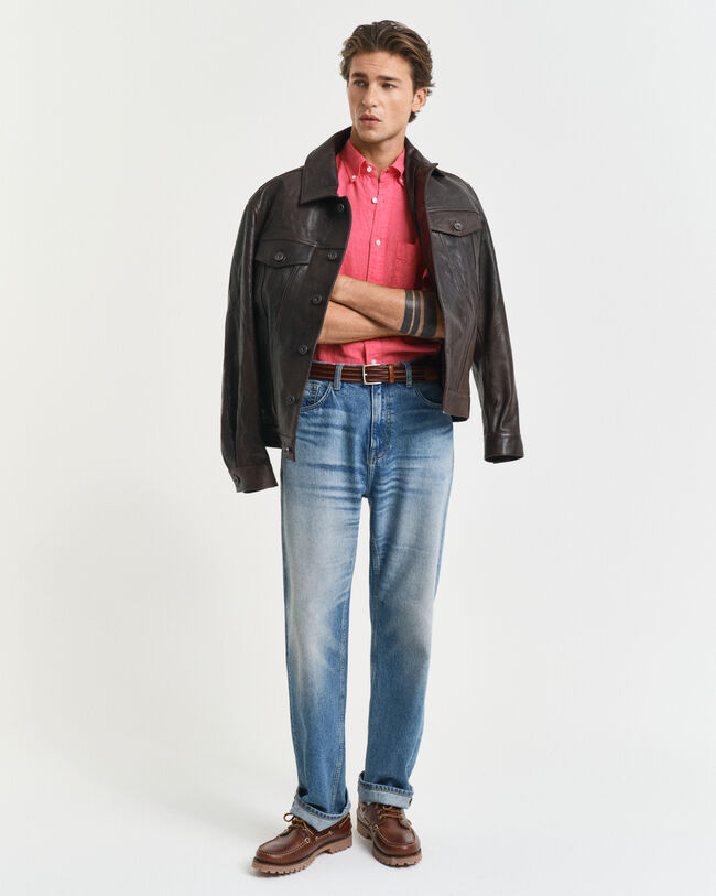 Regular fit plaggf&auml;rgad, kort&auml;rmad linneskjorta