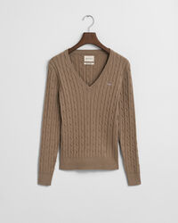 V-ringad kabelstickad tröja i bomullsstretch