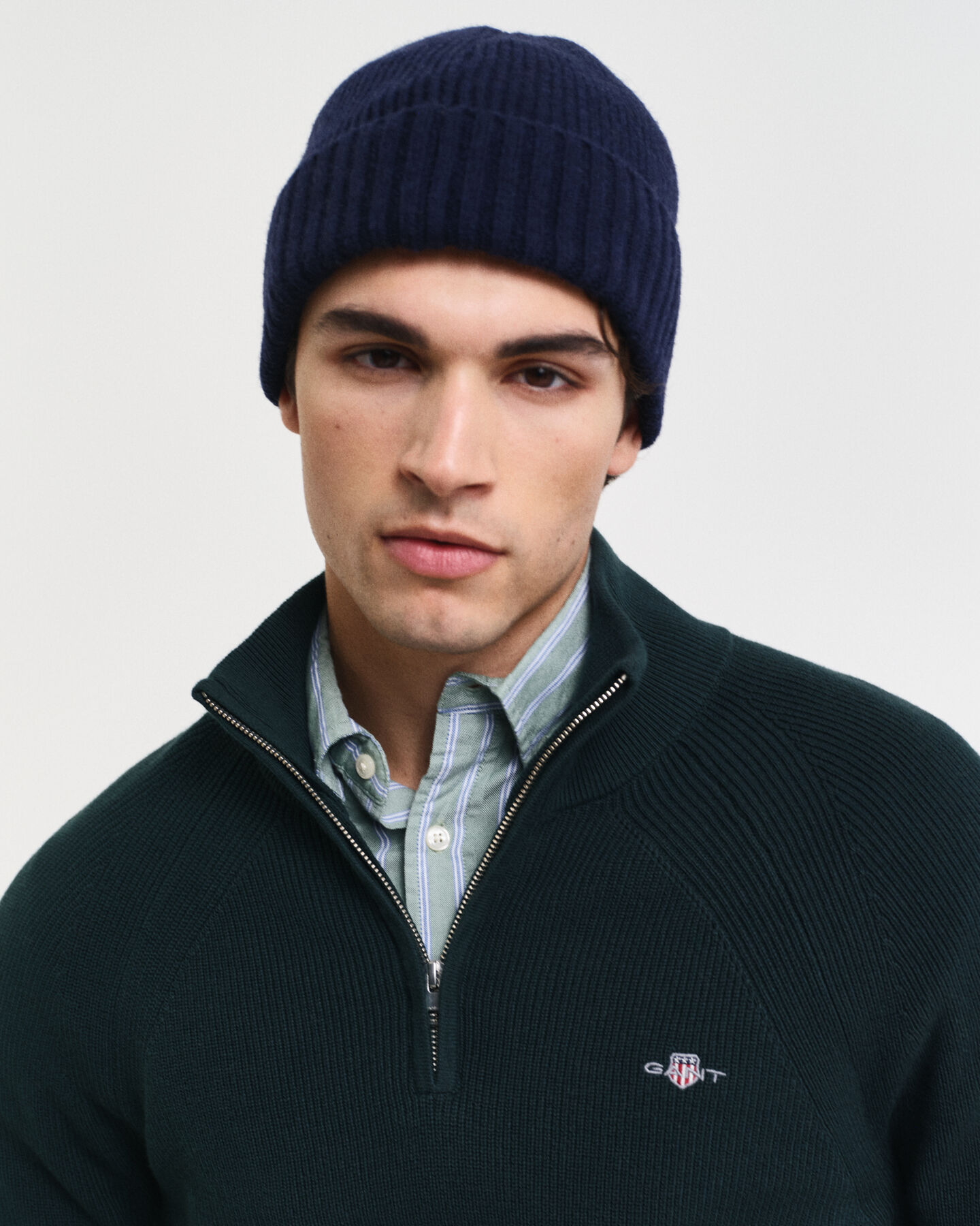 Ribbstickad tröja i bomull och ull med halv dragkedja