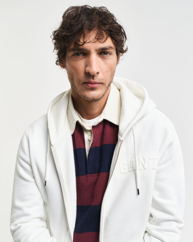 Hoodie med dragkedja och präglat tryck