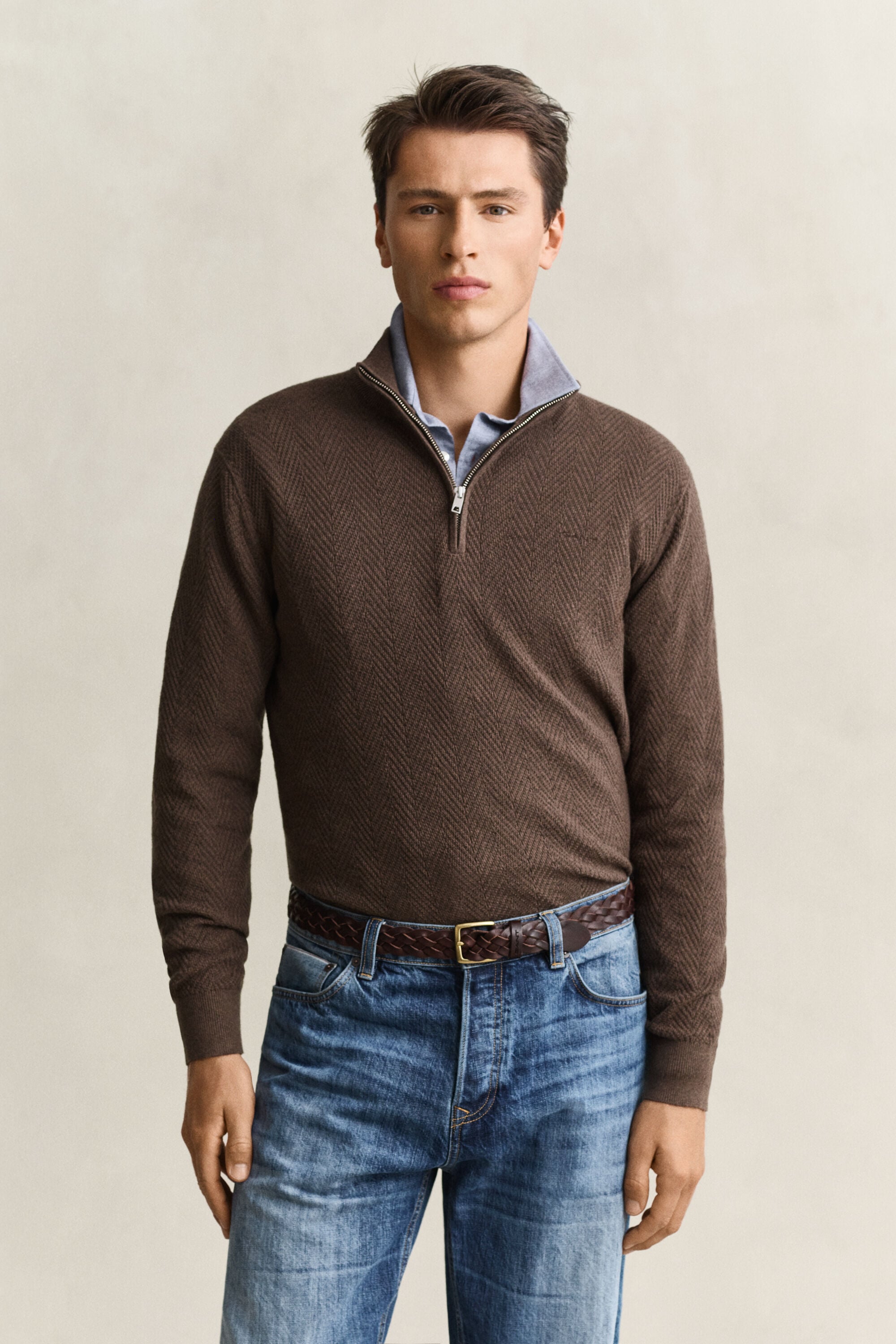 Fiskbensmönstrad half-zip tröja