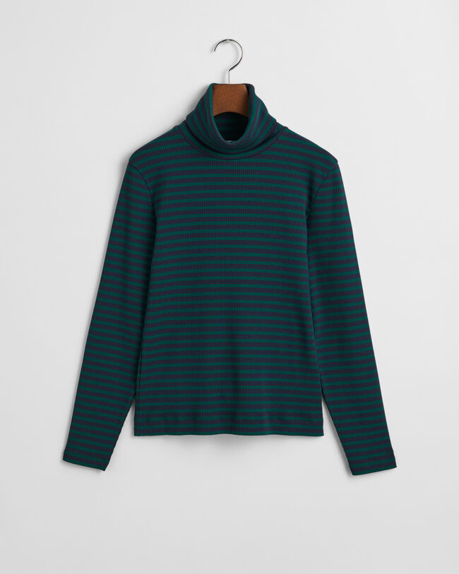 Randig ribbstickad polotröja med lång ärm