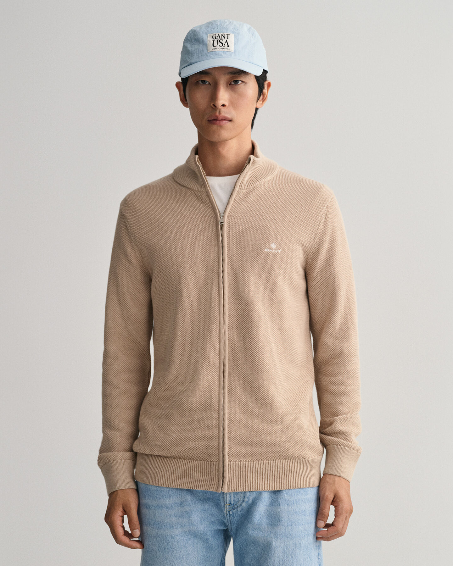 Cardigan i bomullspik&eacute; med dragkedja