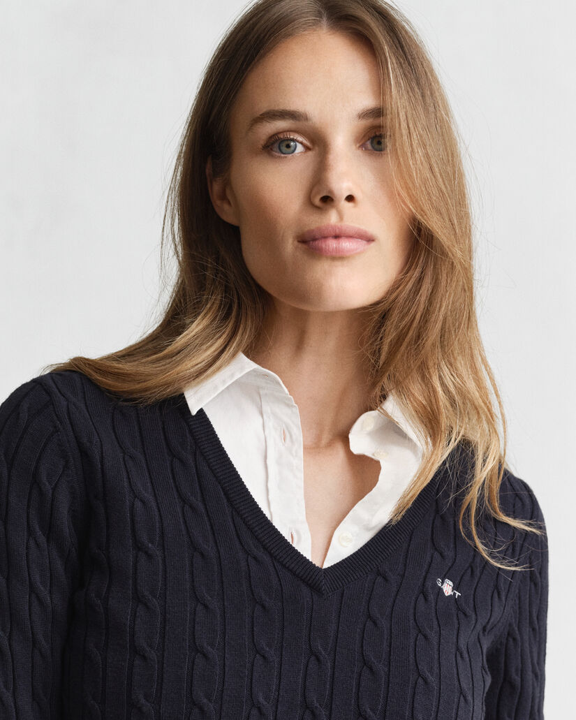 V-ringad kabelstickad tröja i bomullsstretch