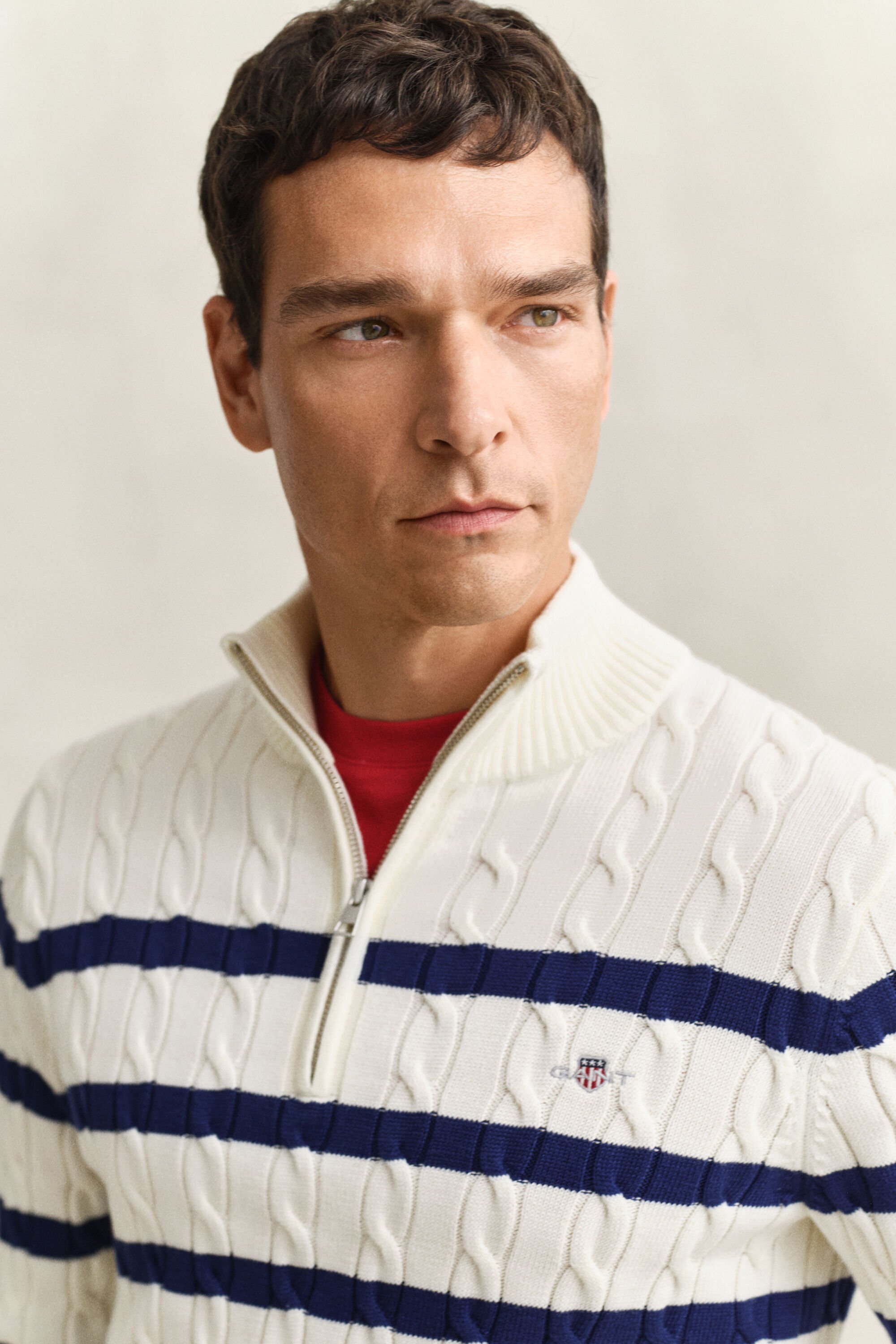 Kabelstickad randig bomullströja med half-zip