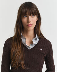 V-ringad kabelstickad tröja i bomullsstretch