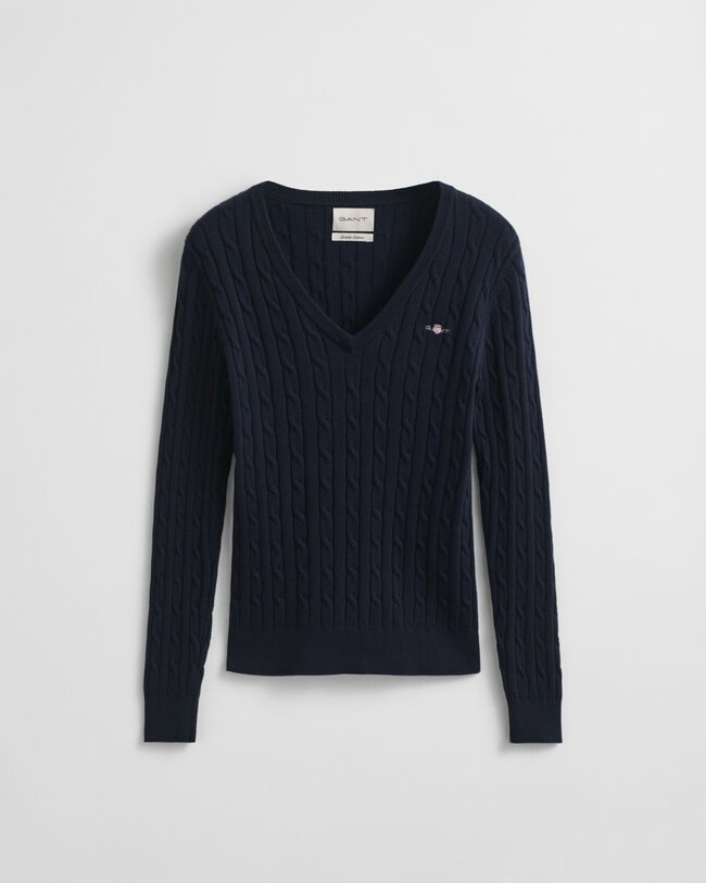 V-ringad kabelstickad tröja i bomullsstretch
