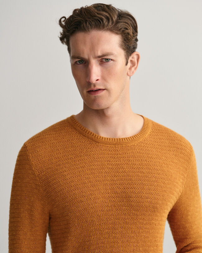 Crew neck tr&ouml;ja i bomull och linne med struktur