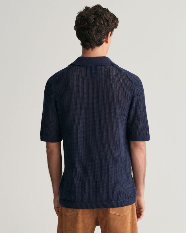 Ribbstickad kort&auml;rmad pik&eacute;tr&ouml;ja i linneblandning