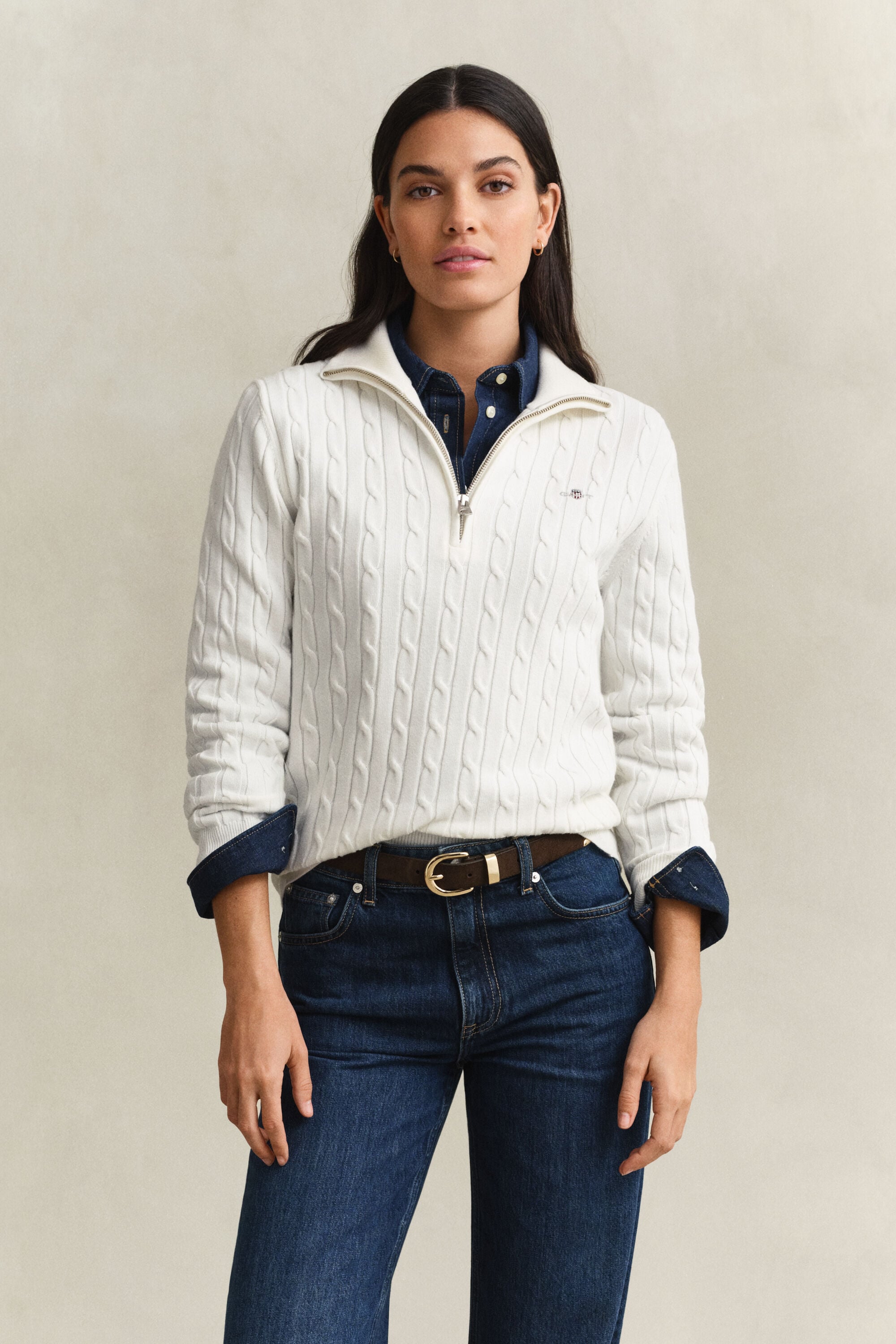Stretchig kabelstickad tröja med half-zip