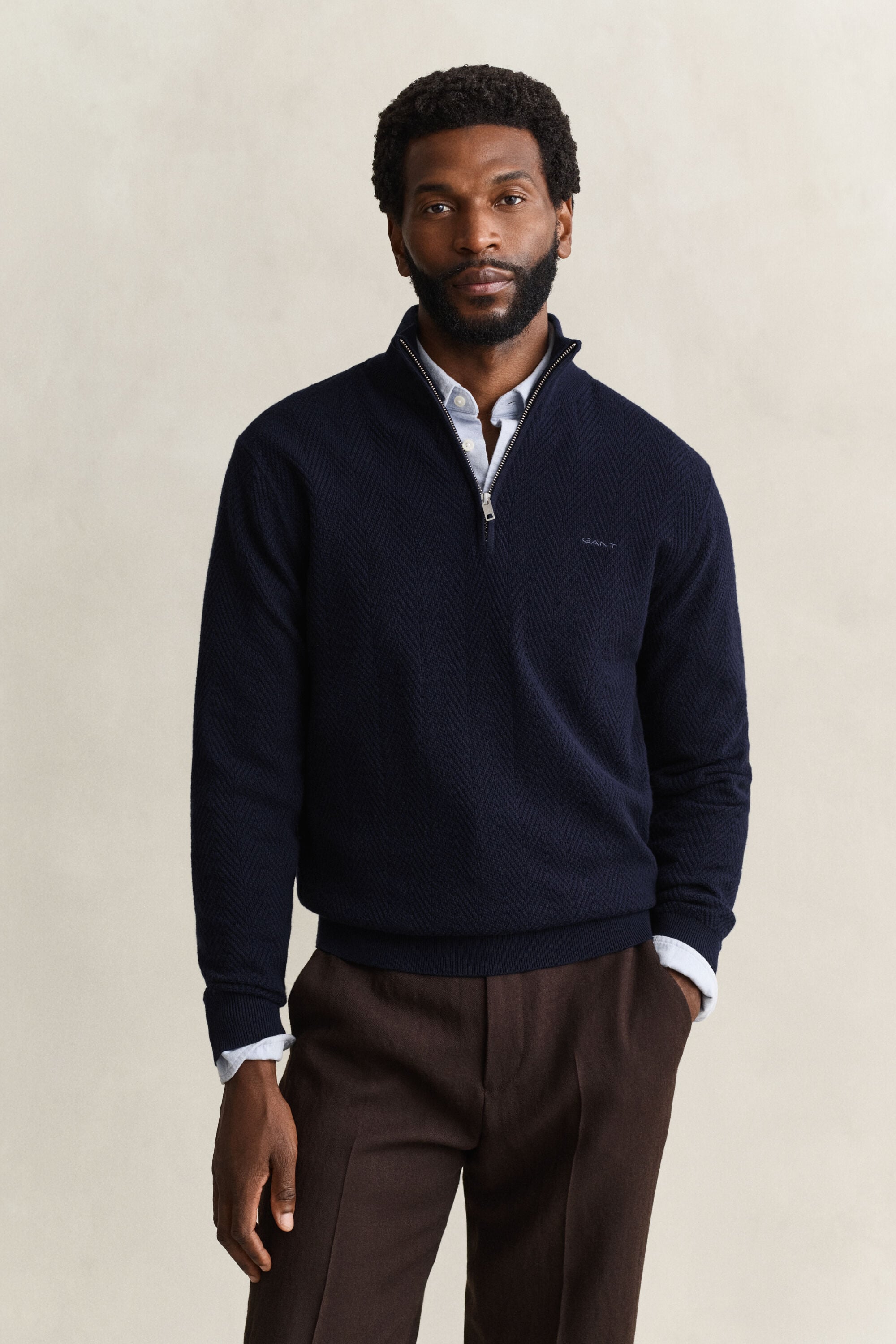 Fiskbensmönstrad half-zip tröja