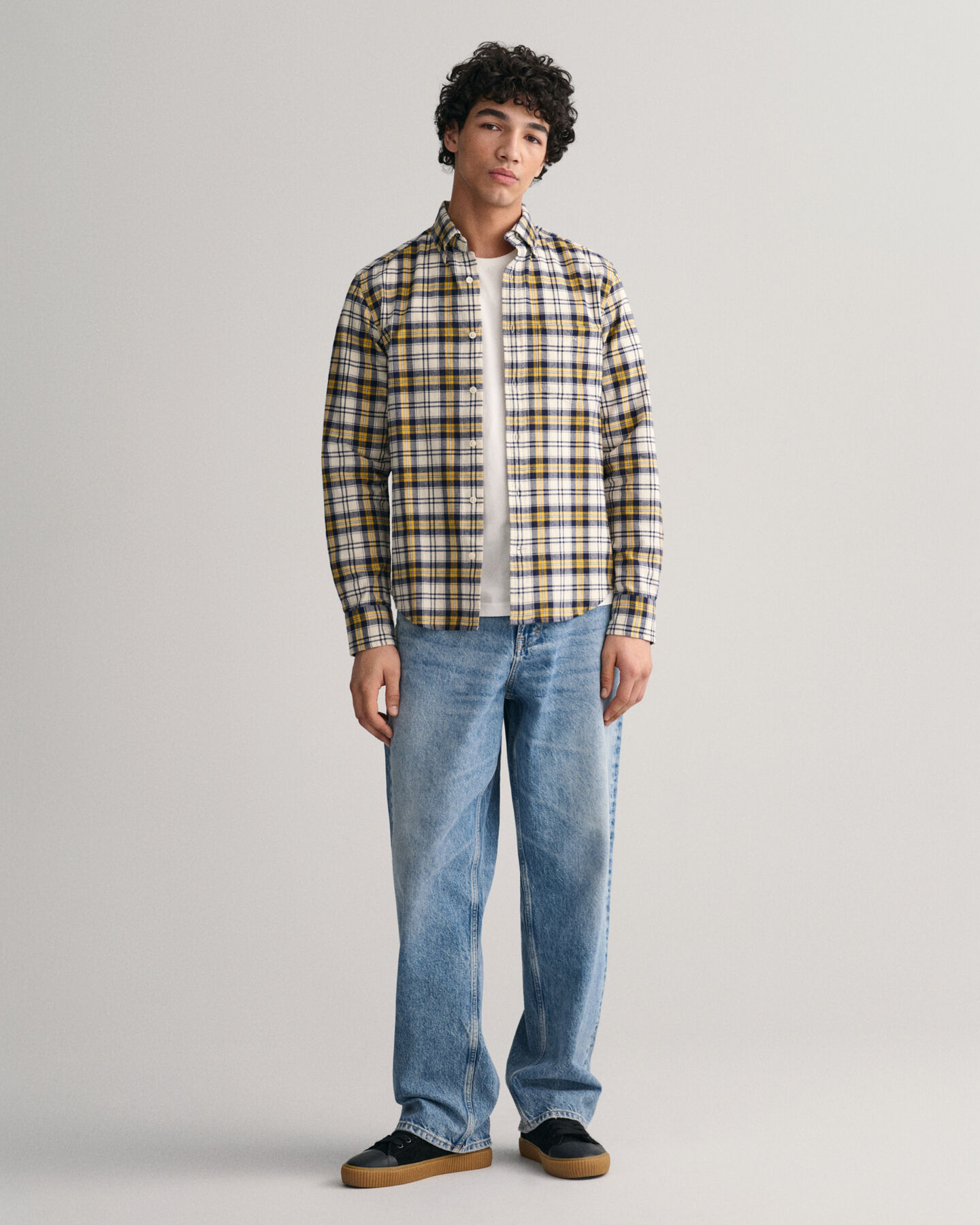 Regular fit rutig borstad oxfordskjorta