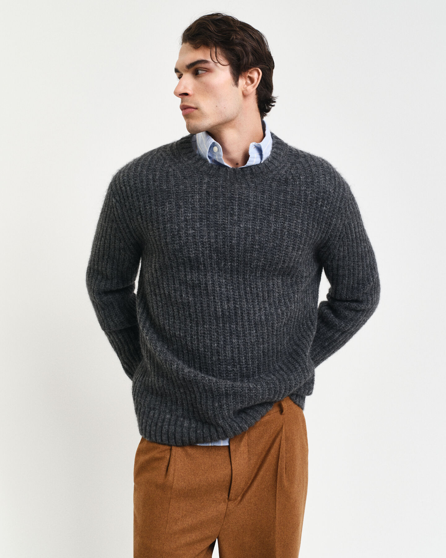 Ribbstickad, rundhalsad tröja i alpackaullblandning