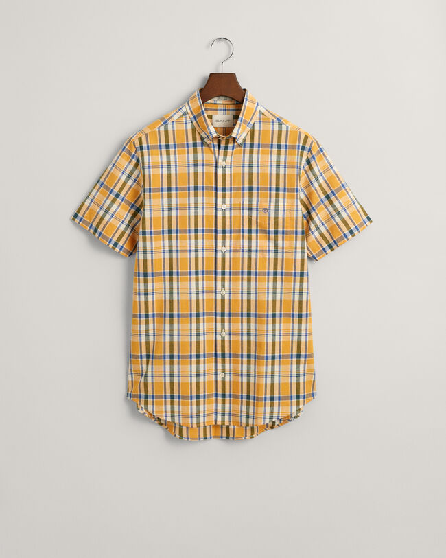 Regular fit rutig kortärmad skjorta i bomull och linne