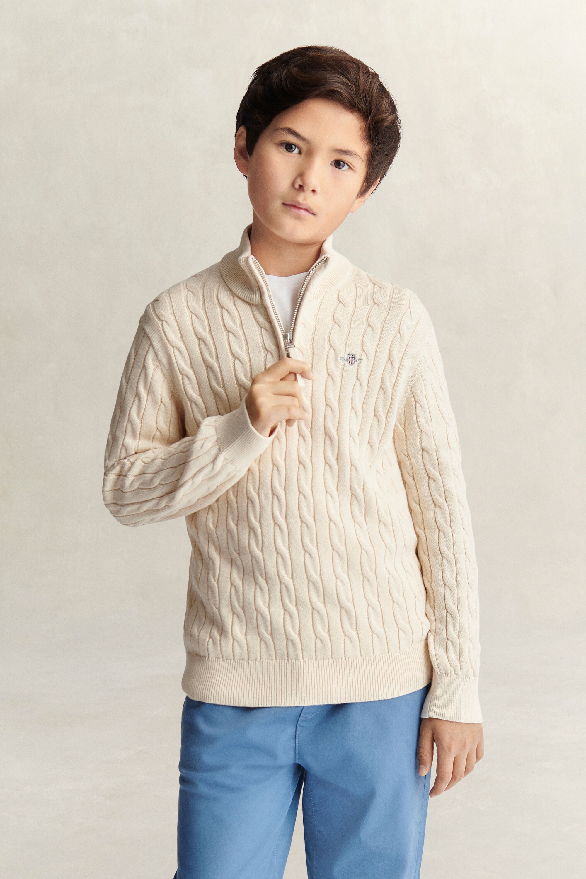 Teen Boys kabelstickad tröja med half-zip och sköldemblem