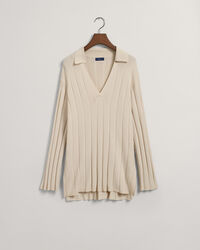 Ribbstickad tröja med öppen krage