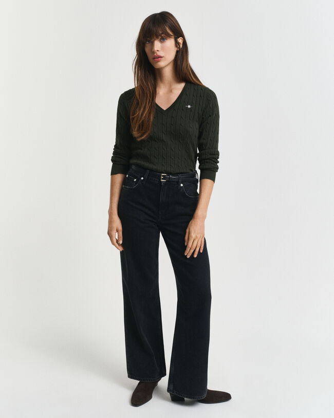 V-ringad kabelstickad tröja i bomullsstretch