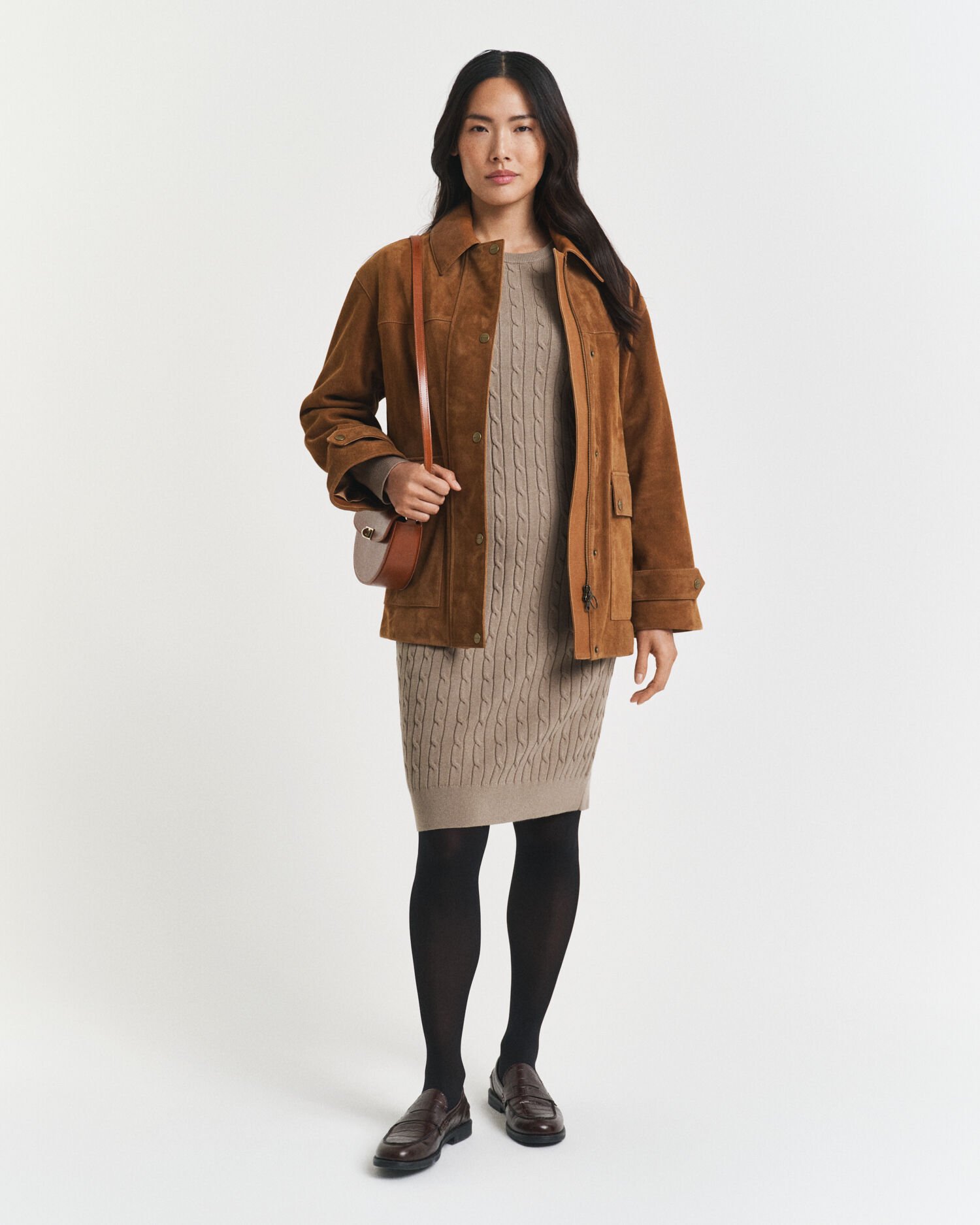 Kabelstickad klänning med rund halsringning i bomullsstretch