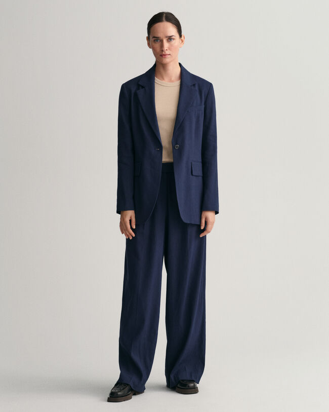 Stretchiga linnebyxor med vida ben