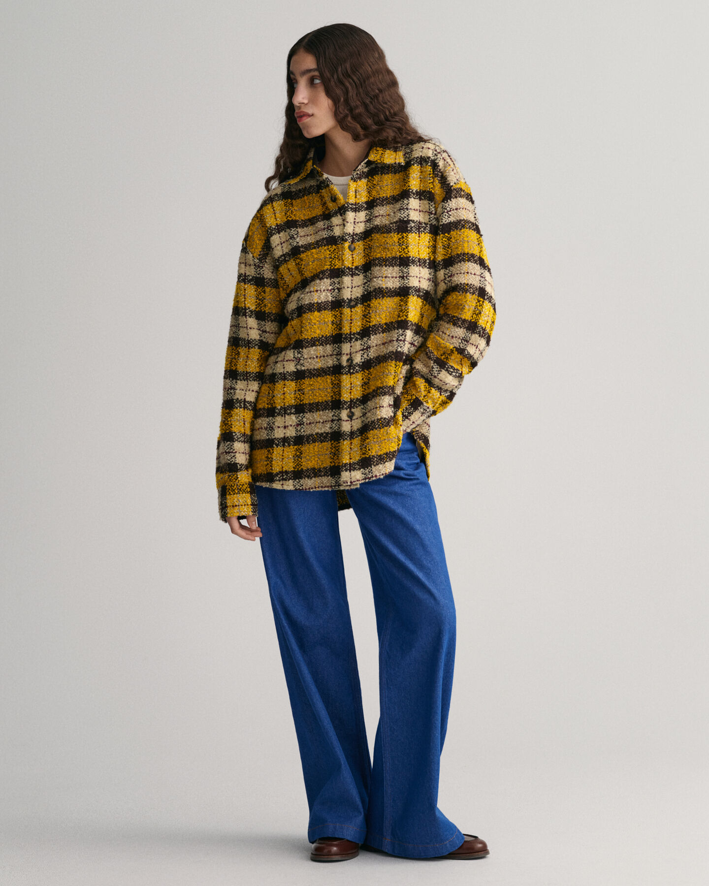 Oversized rutig skjorta i boucl&eacute;