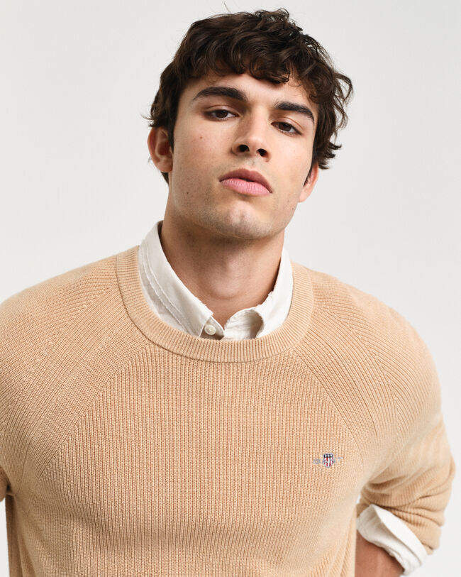 Ribbstickad rundhalsad tr&ouml;ja i ull och bomull