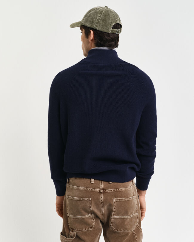 Ribbstickad tr&ouml;ja i bomull och ull med halv dragkedja