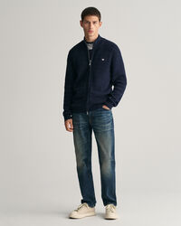 Randig bomullscardigan med struktur och dragkedja