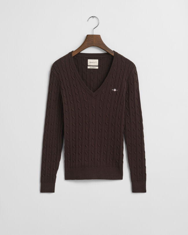 V-ringad kabelstickad tröja i bomullsstretch