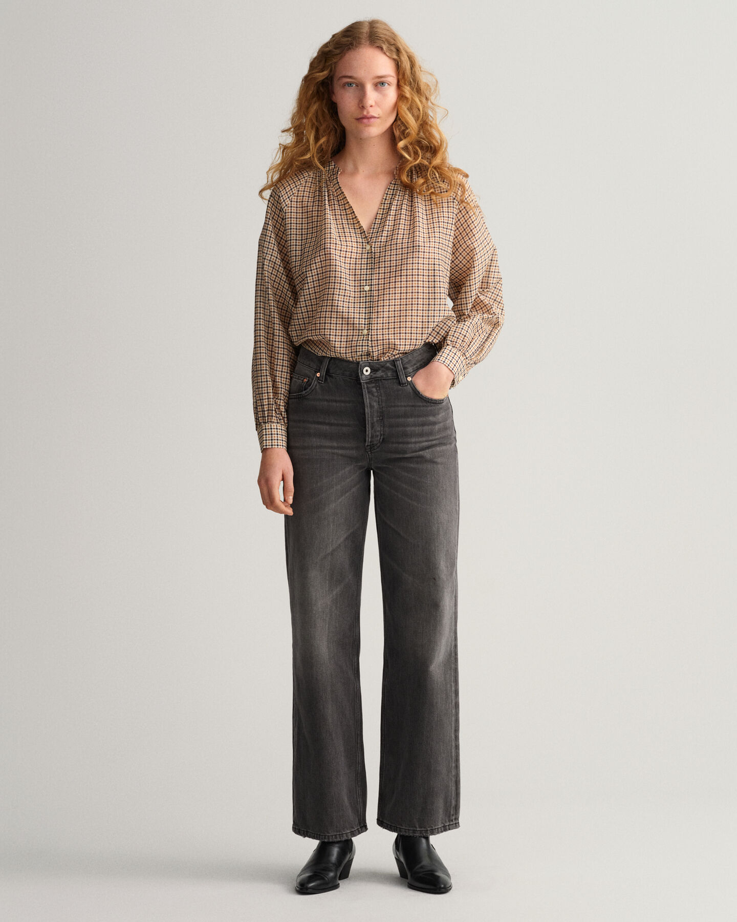 Rutig blus i bomull och silke