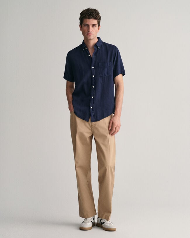 Regular fit kort&auml;rmad skjorta i bomull och linne med struktur